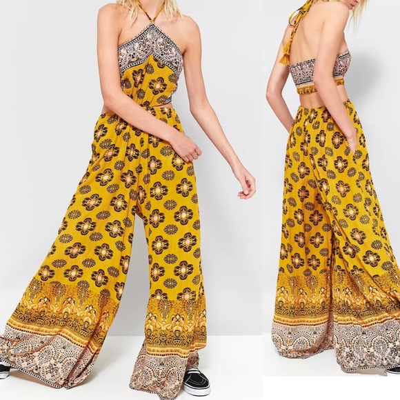 Free People Pants - Free People Maribelle Cut-Out Jumpsuit Size Medium Yellow Bohemian Paisley